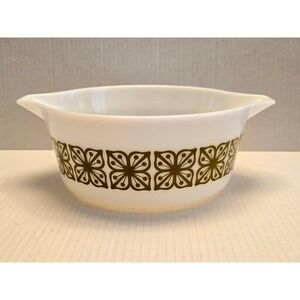 Vtg Pyrex 475-B 2.5Qt Cinderella Casserole, Square Flowers (Verde),‎ Made in USA
